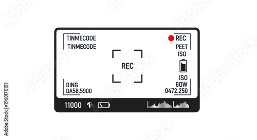Camera viewfinder screen with recording indicator, focus frame, battery, and audio levels