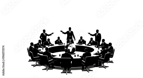Diverse group of business people in silhouette around a circular table with a globe, engaged in a formal meeting.