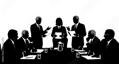 Business meeting in silhouette with professionals at a table discussing documents, conveying a sense of collaboration.