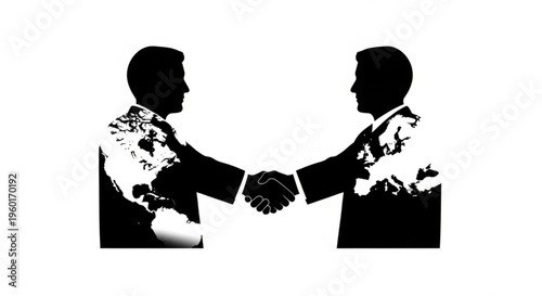 Two businessmen shake hands with world maps on their suits, symbolizing global business partnerships and international cooperation.