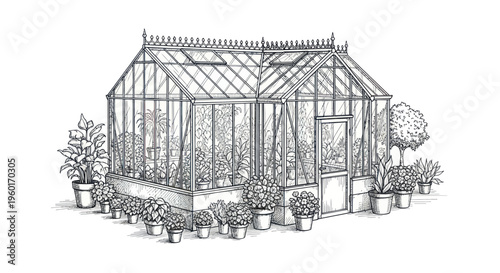 Vintage Greenhouse Sketch with Potted Plants