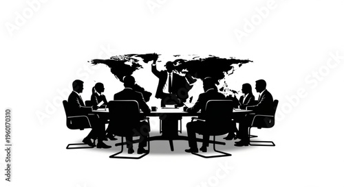 Diverse business team in silhouette meeting around a table with a world map, discussing global strategy and growth.