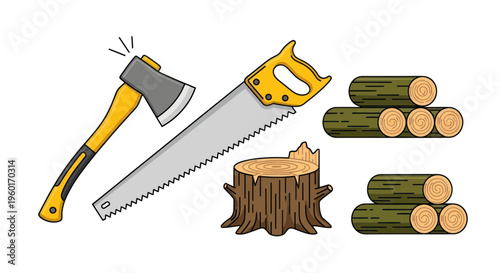 Woodworking Tools and Materials: Axe, Saw, Stump, and Logs