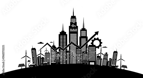 Silhouette of a city skyline with renewable energy sources like wind turbines and solar panels, alongside a rising graph, symbolizing economic growth and sustainability.