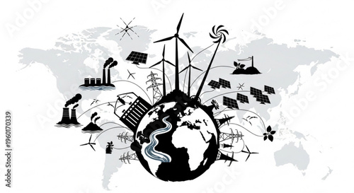 Global environmental sustainability concept with renewable energy sources and industrial pollution on world map.