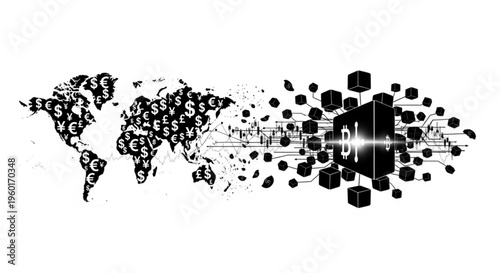 World map with currency symbols transforming into a decentralized network of cubes and Bitcoin logo.