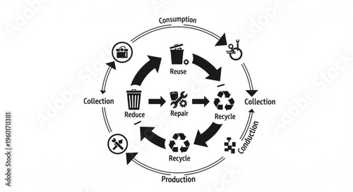 Circular diagram illustrating the reduce, reuse, repair, recycle, and collection process for sustainable consumption and production.