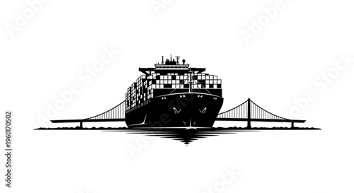 A striking black silhouette of a massive container ship, fully loaded with cargo, majestically sailing under a grand suspension bridge, symbolizing global trade and efficient maritime logistics.