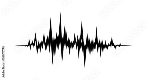 Dynamic black jagged waveform graphic on a clean white background, representing sound visualization, audio spectrum, or seismic activity, ideal for technology and data concepts.