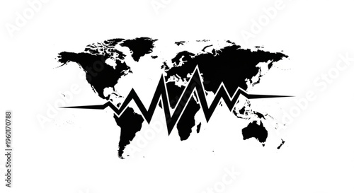 Global economic pulse depicted by a jagged line across a world map, illustrating market volatility and interconnectedness.
