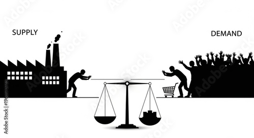 Vector graphic illustrating the economic principle of supply and demand, with a factory and consumers on a balancing scale, symbolizing market forces and equilibrium.