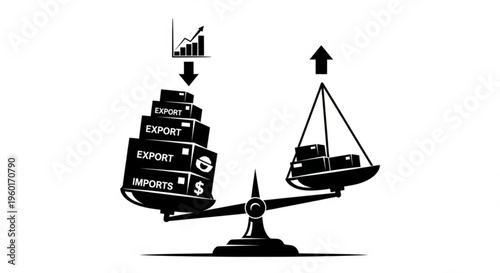 Black and white illustration of a weighing scale, showing an imbalance with stacked export and import boxes, symbolizing global trade dynamics and economic balance.