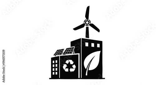Vector illustration of eco friendly building icon with wind turbine, solar panels and leaf symbol