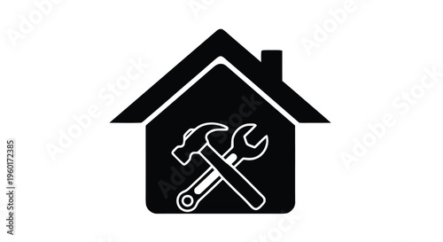 Vector illustration of home repair and maintenance icon, house silhouette with hammer and wrench