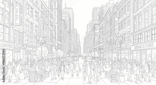 Busy City Street Scene with Pedestrians and Buildings in Sketch Style