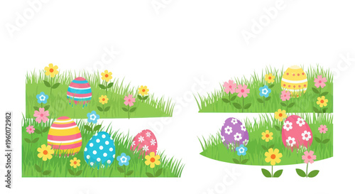 Colorful Easter Eggs Hidden in Spring Grass with Flowers