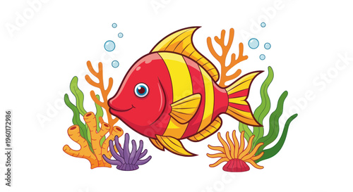 Cute Cartoon Red and Yellow Striped Fish Swimming Underwater with Coral