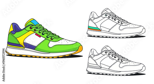 Colorful Athletic Shoe and Two Outline Sketches