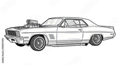 Vintage Muscle Car Drawing with Supercharger