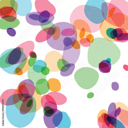A vibrant and diverse collection of overlapping translucent colorful oval shapes scattered across a clean white background creating a dynamic and artistic abstract pattern