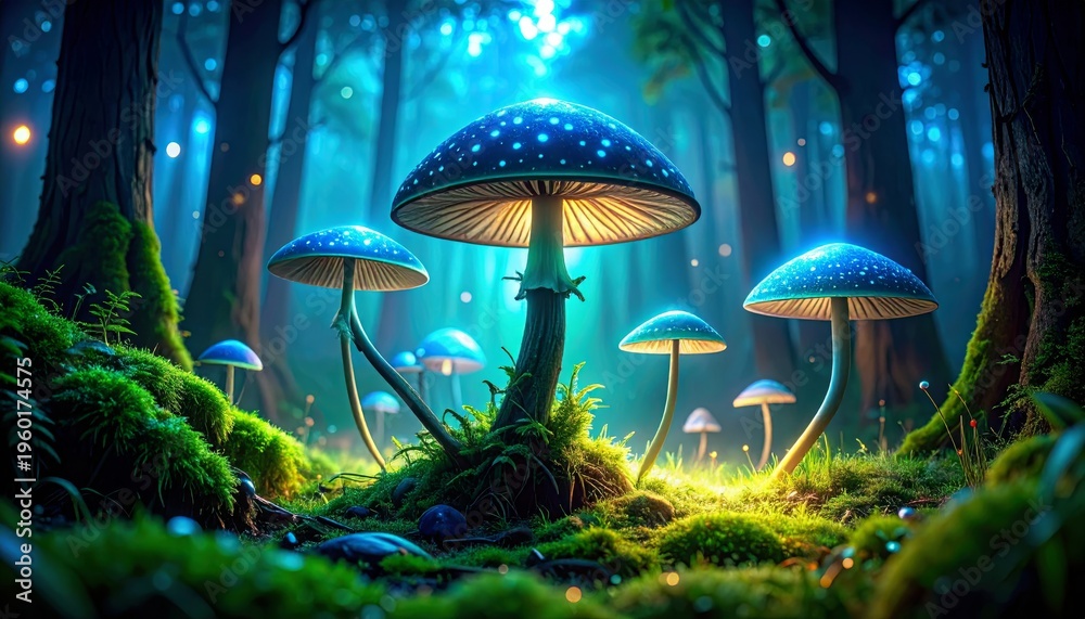 Fototapeta premium Luminous Blue Polka-Dot Mushrooms in a Mystical Forest with Ethereal Light Beams