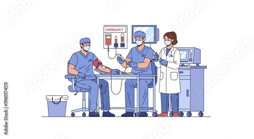 Medical Illustration Vector Surgeons Performing Intravenous Procedure with Medical Equipment in a Clinical Setting