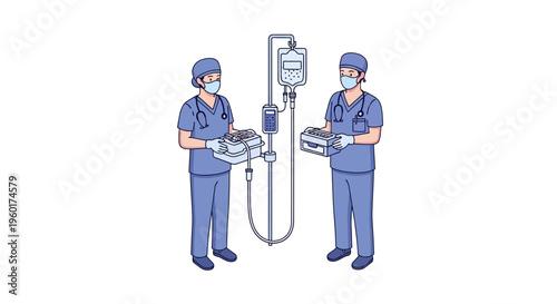 Vector Illustration of Two Medical Professionals in Scrubs Standing with IV Drip Bags and Infusion Pumps, Representing Healthcare and Medical Treatment