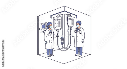 Dedicated medical professionals expertly managing intricate fluid therapy and clinical support systems – Comprehensive healthcare Vector illustration for advanced patient care