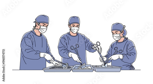 Vector illustration of a dedicated medical team meticulously cleaning surgical instruments post-operation, ensuring sterile conditions and patient safety for healthcare procedures