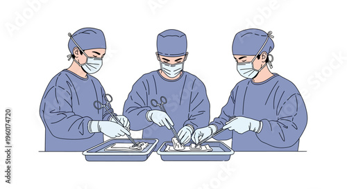 Vector illustration A professional medical team meticulously preparing surgical instruments. Highlighting sterile practices, precision, and vital pre-operation tasks for healthcare safety