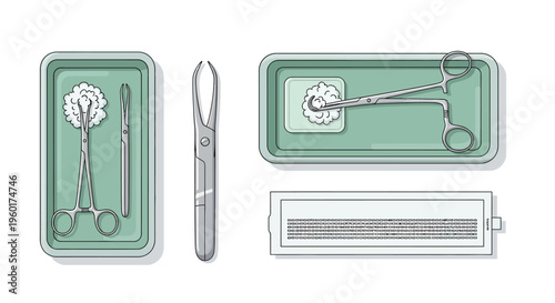 Set of surgical instruments in trays, including forceps, scissors, and absorbent pads, isolated on a white background, vector illustration
