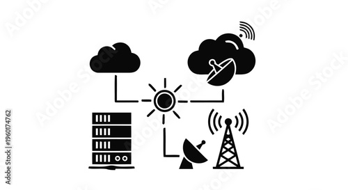 Vector illustration of network connection icon set with cloud server and satellite communication