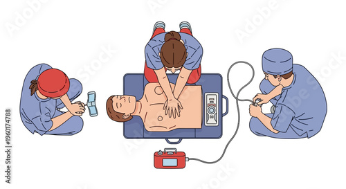 CPR Chest Compressions Vector Illustration Medical Team Performing Cardiopulmonary Resuscitation with Defibrillator for Emergency Medical Care and Life Support