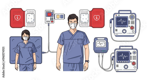 Vector illustration featuring healthcare professionals applying emergency defibrillator pads and operating life-saving cardiac devices in a critical medical scenario