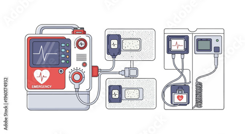 Vector Illustration of a Medical Defibrillator with Pads, representing emergency medical equipment and life-saving technology for healthcare applications