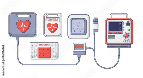 A comprehensive Vector illustration of a modern emergency medical defibrillator system, featuring vital pads and connected devices for critical cardiac care