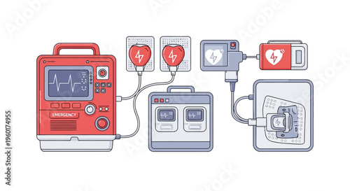 Vector illustration depicting a defibrillator connected to power and pads, symbolizing emergency medical care and life support technology