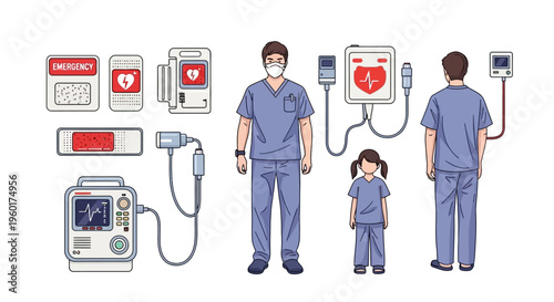 Vector illustration of emergency medical devices defibrillator, monitor, and supplies, with a professional and child, ready for critical care