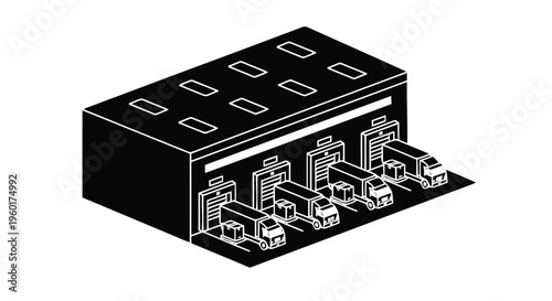 Vector illustration of isometric warehouse building with loading docks and trucks