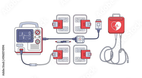 Detailed Vector Illustration of Comprehensive Cardiac Resuscitation Equipment for Emergency Life Support and Heart Rhythm Monitoring Systems