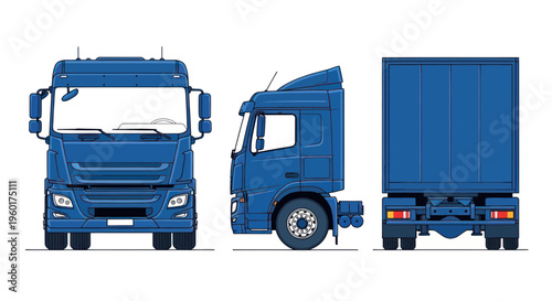 Blue Truck Front, Side, and Rear Views - Vector Illustration