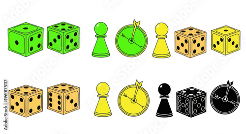 Board Game Pieces: Dice, Pawns, Compasses, and Targets Set