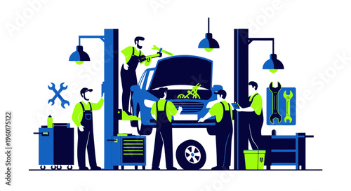 Car Repair Team Working on Vehicle in Garage with Lifts and Tools