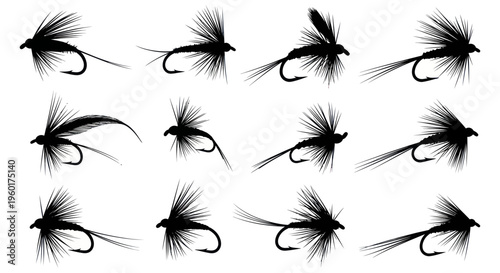 Collection of Fly Fishing Lures Silhouettes on White Background