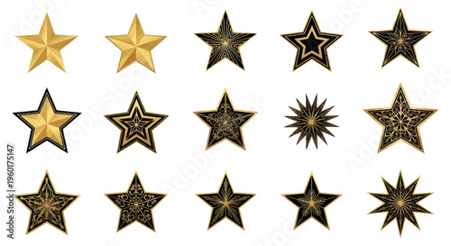 Collection of Golden and Black Ornate Stars on White Background