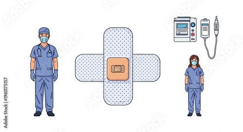 Vector illustration depicting dedicated healthcare professionals providing essential medical care and vital first aid, featuring adhesive bandages and emergency medical equipment