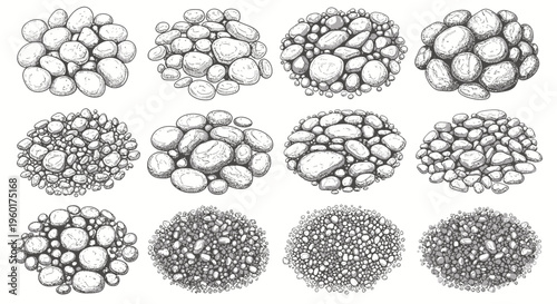 Collection of Hand-Drawn Gravel and Pebble Piles, Sketch Style