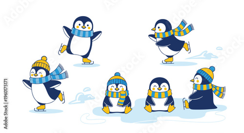 Cute Cartoon Penguins Ice Skating and Relaxing in Winter