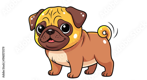 Cute cartoon pug dog with big eyes, standing and wagging tail, isolated on white background