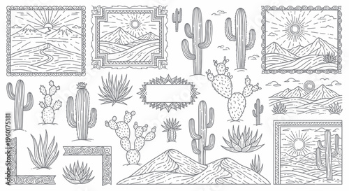 Desert Landscape Line Art Collection: Cacti, Mountains, Sun, and Frames